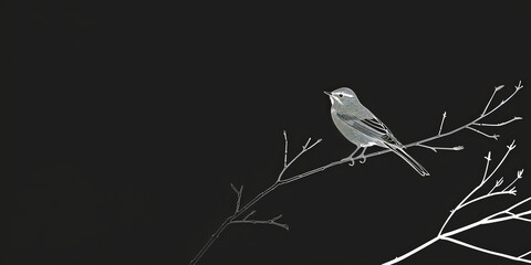 A simple white line drawing on a black background of a bird perched on a branch. The contrast highlights the grace and poise of the bird.