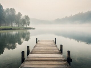 Naklejka premium Atmosphere create a tranquil and picturesque scene, emphasizing the natural beauty and peacefulness of the lakeside landscape during the morning.