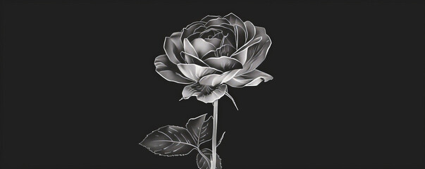 A simple white line drawing on a black background of a single rose with intricate petals. The stark contrast enhances the gracefulness of the flower.