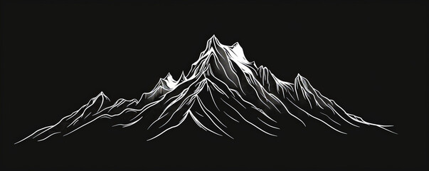 A simple white line drawing on a black background of a mountain with sharp peaks. The design captures the majesty and serenity of the mountains.