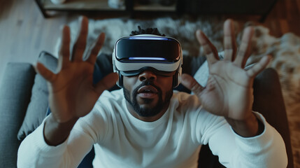 Man is using virtual reality headset  Seated on Couch Engaging with a Virtual Experience