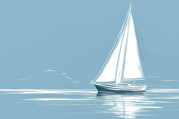 A simple white line drawing of a sailboat on calm waters, with the sails gently billowing in the breeze. The minimalist design captures the serenity of a peaceful day at sea.
