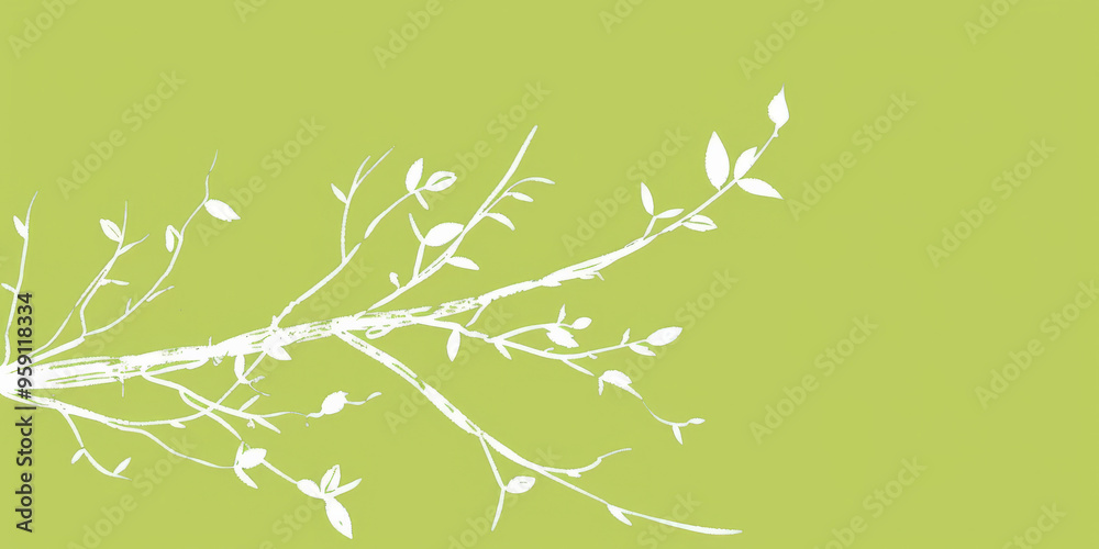 Canvas Prints a simple white line drawing on a lime green background of a tree branch with a few leaves. the vibra