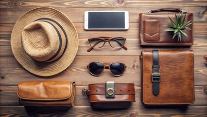 A set for a trip to the sea. Things for rest lying on the table. Gathering for the sea.