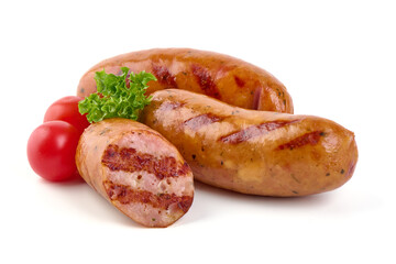 BBQ roasted pork sausages, isolated on white background
