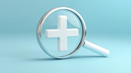 Obraz premium 3D render of a white plus sign inside a magnifier, with copy space to emphasize a positive outlook and healthcare values.