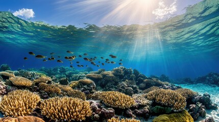A beautiful underwater view of a coral reef with fish, AI