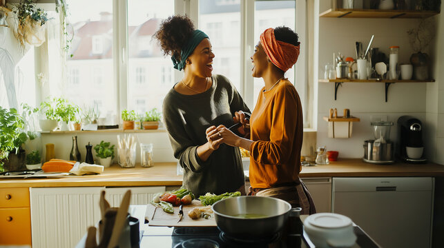 Happy LGBTQ+ Couples Cooking Together in a Cozy Kitchen