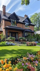 Obraz premium Charming colonial style brick home with black roof and lush front yard featuring colorful flower bed