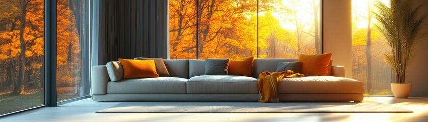 A cozy modern living room with a stylish sofa, warm autumn sunlight streaming through large windows amidst vibrant fall foliage.