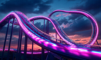 Obraz premium A roller coaster with neon lights at sunset, the track meanders and curls in different directions