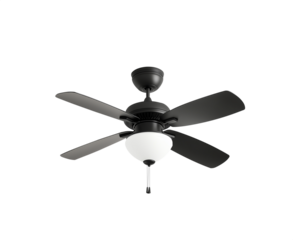 Black electric ceiling fan with lamp and cord to turn on and off. Isolated transparent background PNG. Pen tool cutout.