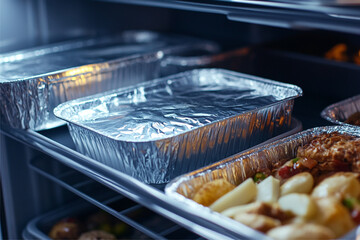 Disposable aluminum food container trays storing leftovers in a fridge, covered with lids or foil to keep the food fresh. The scene emphasizes organized and efficient food storage, ensuring freshness 