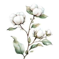 Obraz premium Sketch Of Cotton Plant. White and Green Floral Decoration on Meadow Background