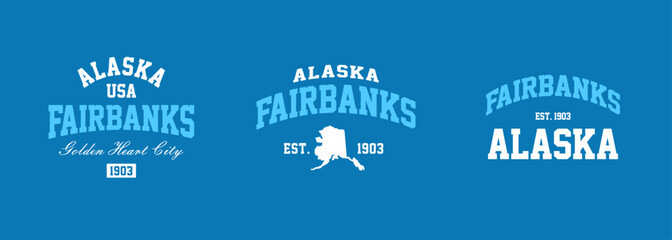 Set t-shirt stamps graphic, Alaska logo travel wear typography emblem Fairbanks vintage tee print, sport apparel design shirt graphic print