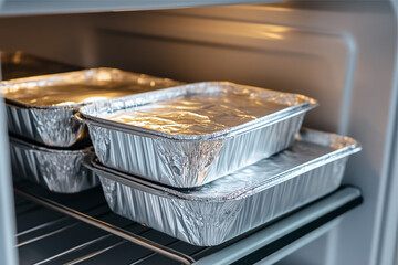 Disposable aluminum food container trays storing leftovers in a fridge, covered with lids or foil to keep the food fresh. The scene emphasizes organized and efficient food storage, ensuring freshness 