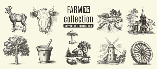 Rural meadow or countryside farm set. A village landscape with cows, goats and lamb, hills and a farm.