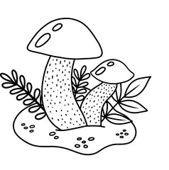 Vector illustration of a mushroom highlighted on a transparent background for children coloring a worksheet, workbook, web design. Stock illustration of a white mushroom in a forest clearing.