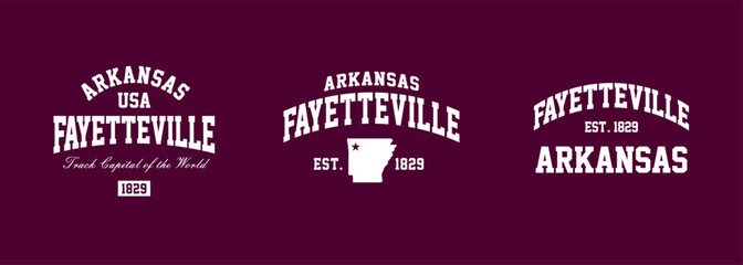 Set t-shirt stamps graphic, Arkansas logo travel wear typography emblem Fayetteville vintage tee print, sport apparel design shirt graphic print