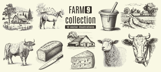 Rural meadow or countryside farm set. A village landscape with cows, goats and lamb, hills and a farm.