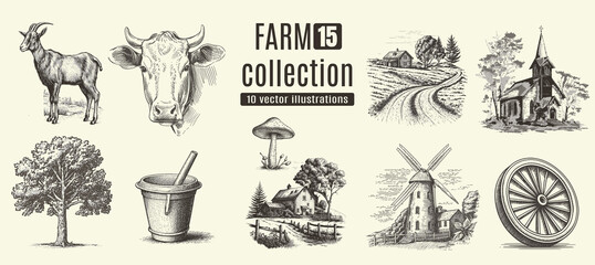 Farm animals, cows, rural houses. Hand drawn set.