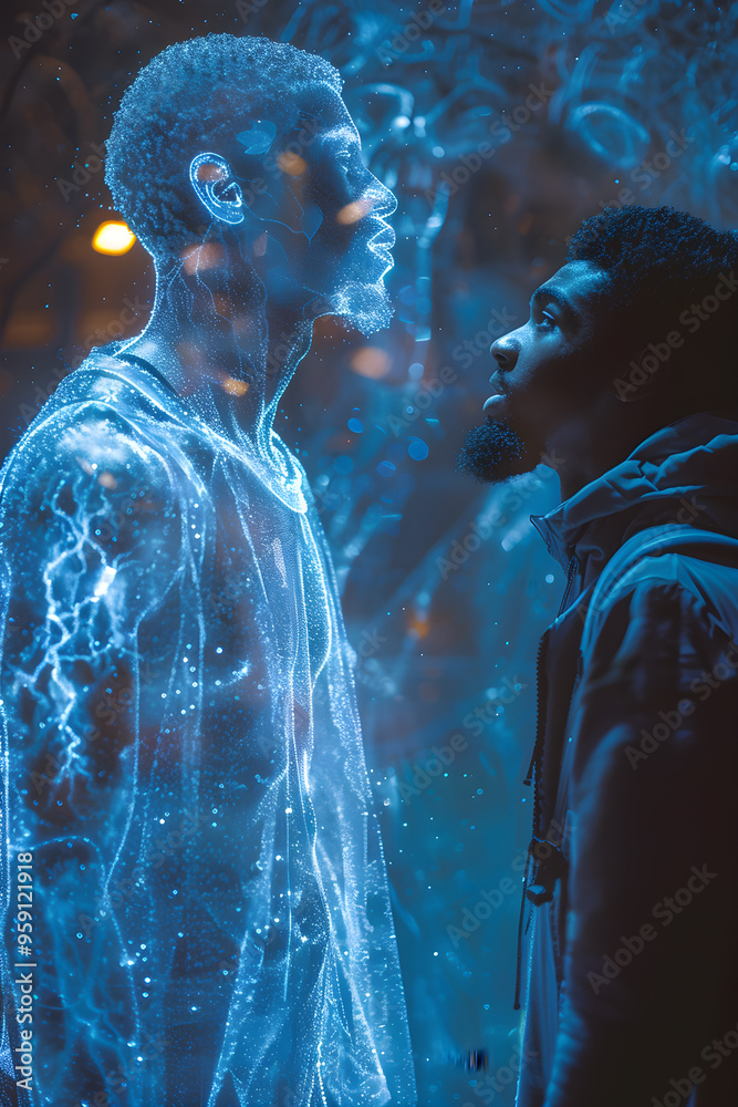 Wall mural a man and a man's reflection are standing in front of a window