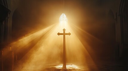 Naklejka premium A cross standing in the rays of the sun, representing faith and spiritual awakening in a religious context.