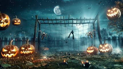 Haunting Halloween soccer field with glowing pumpkins and spooky atmosphere