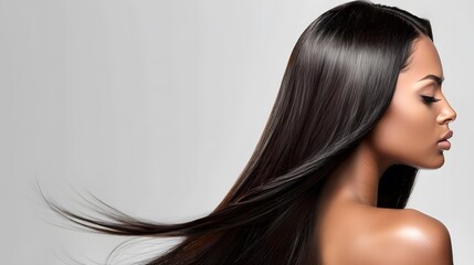 Fototapeta premium Beautiful dark haired with stylish long hairstyle. Afro American Woman on white background