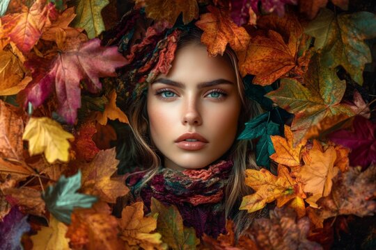 portrait of a stunning woman in autumn attire, standing amidst a kaleidoscope of colorful leaves.