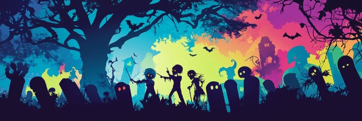Cartoon zombies and vampires sing at a colorful Halloween karaoke party in a spooky graveyard
