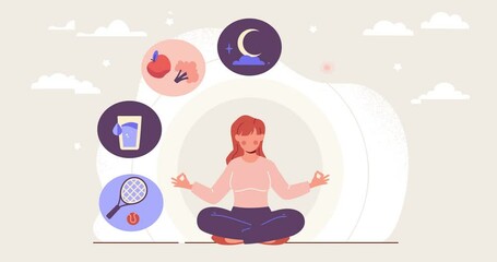 Healthy habits for wellbeing. Moving banner with woman sitting in lotus position and meditating. Daily routine for mental health. Sports, proper nutrition and sleep. Cartoon flat animated graphics