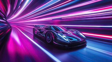 A futuristic sports car zooms down a neon-lit road, leaving a trail of vibrant lights. Bold, powerful, and fast.