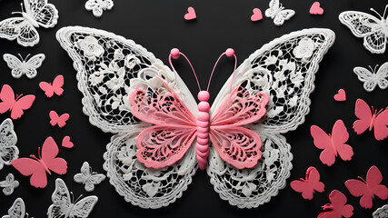 White and pink openwork butterfly on a black background	