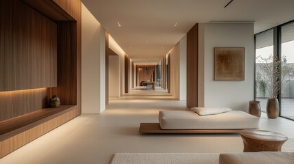 A serene interior space featuring minimalist design, warm wood tones, and natural light, perfect for relaxation and peace.