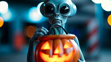 A playful alien holding a glowing Jack O Lantern, perfect for Halloween and themed parties, captures the spirit of extraterrestrial and festive celebrations