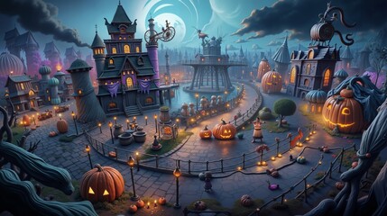 Obraz premium A halloween scene with pumpkins and a castle in the background