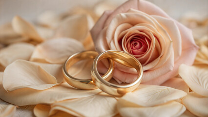 Two golden wedding rings beside a beautiful pink rose on silky petals in a romantic setting