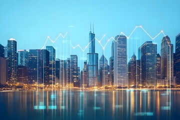 Fototapeta premium Urban Skyline at Night with Financial Growth Chart Overlay
