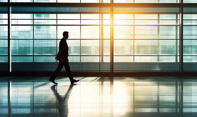 Fototapeta premium Silhouette of a businessman walking in a modern office building