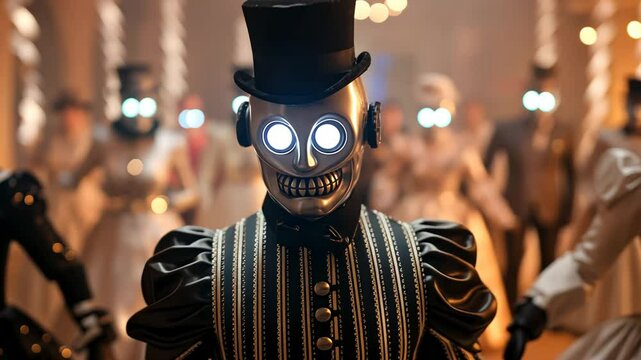 A group of elaborately dressed people in futuristic, robo-Victorian attire celebrate a masquerade ball, perfect for Halloween or steampunk-themed events