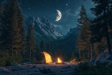 tent nestled among the trees in a pine forest, campfire crackling nearby, rocky mountains and a starlit night sky with a half moon in the background