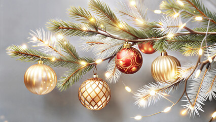 Christmas tree branch adorned with golden and red ornaments, sparkling lights, and festive greenery