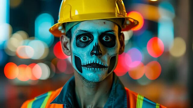 A construction worker wearing a hard hat and neon vest with skeleton face paint stands against a city night backdrop, perfect for Halloween or Dia de los Muertos themes