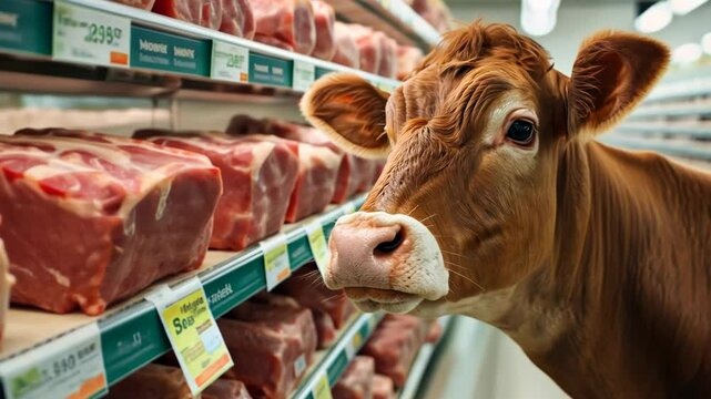 A curious cow standing in a grocery store aisle filled with packaged meat, depicting irony and concepts of vegetarianism and animal rights