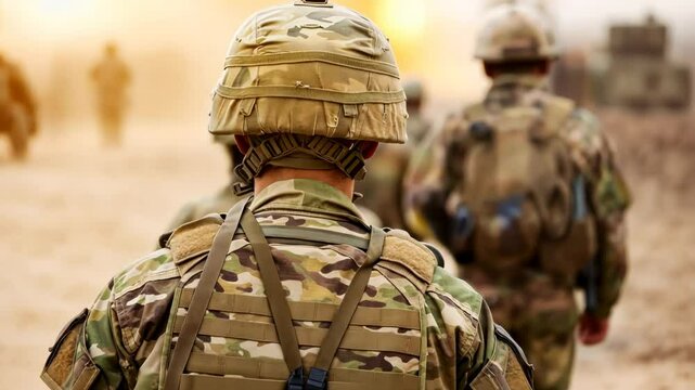 Soldiers wearing camouflage uniforms and helmets march forward in a desert environment, symbolizing military service, bravery, and commemorations like Veterans Day and Memorial Day