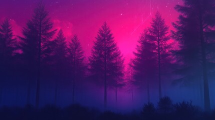 Fototapeta premium Eerie Night Forest with Pink and Blue Lights