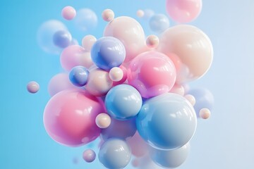 Cluster of Pastel Colored Glossy Spheres Against a Blue Background