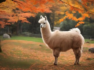 Fototapeta premium Japanese Style Cute Llama in Autumn Season - Ideal for Animal Lovers, Autumn Art, and Nature Photography