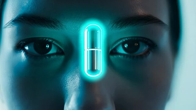 A close-up image of an Asian woman's face with a glowing neon pill highlighting futuristic technology, healthcare, and medical innovation
